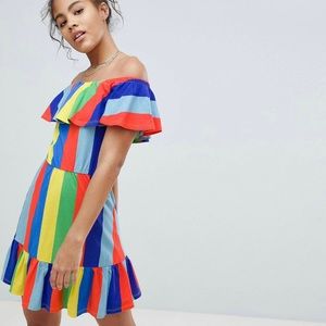 ASOS Women’s Rainbow Pride Striped Ruffled Casual Off Shoulder Dress Size 14